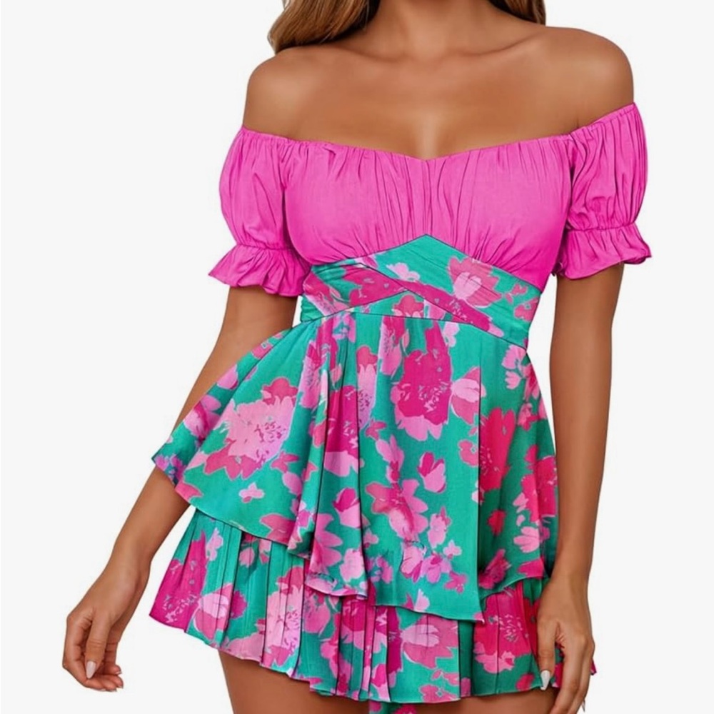 Pink and Green Floral Off-Shoulder Dress